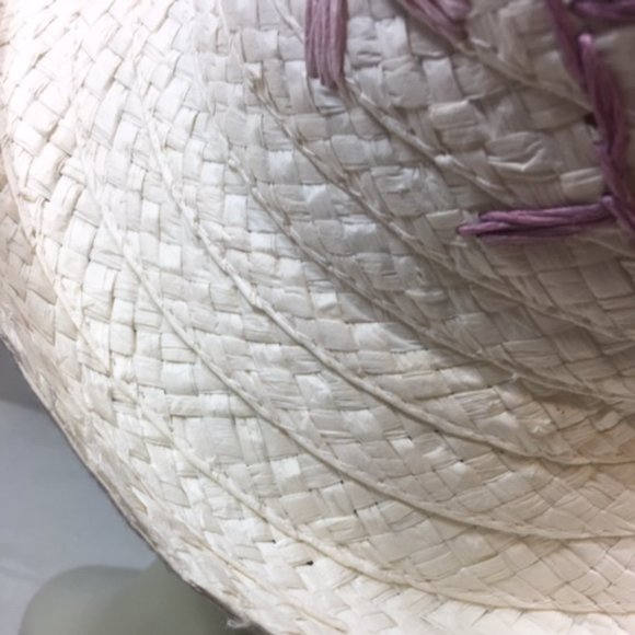 White Woven Sun Hat w/Purple Embroidered Flowers - Picture 7 of 14